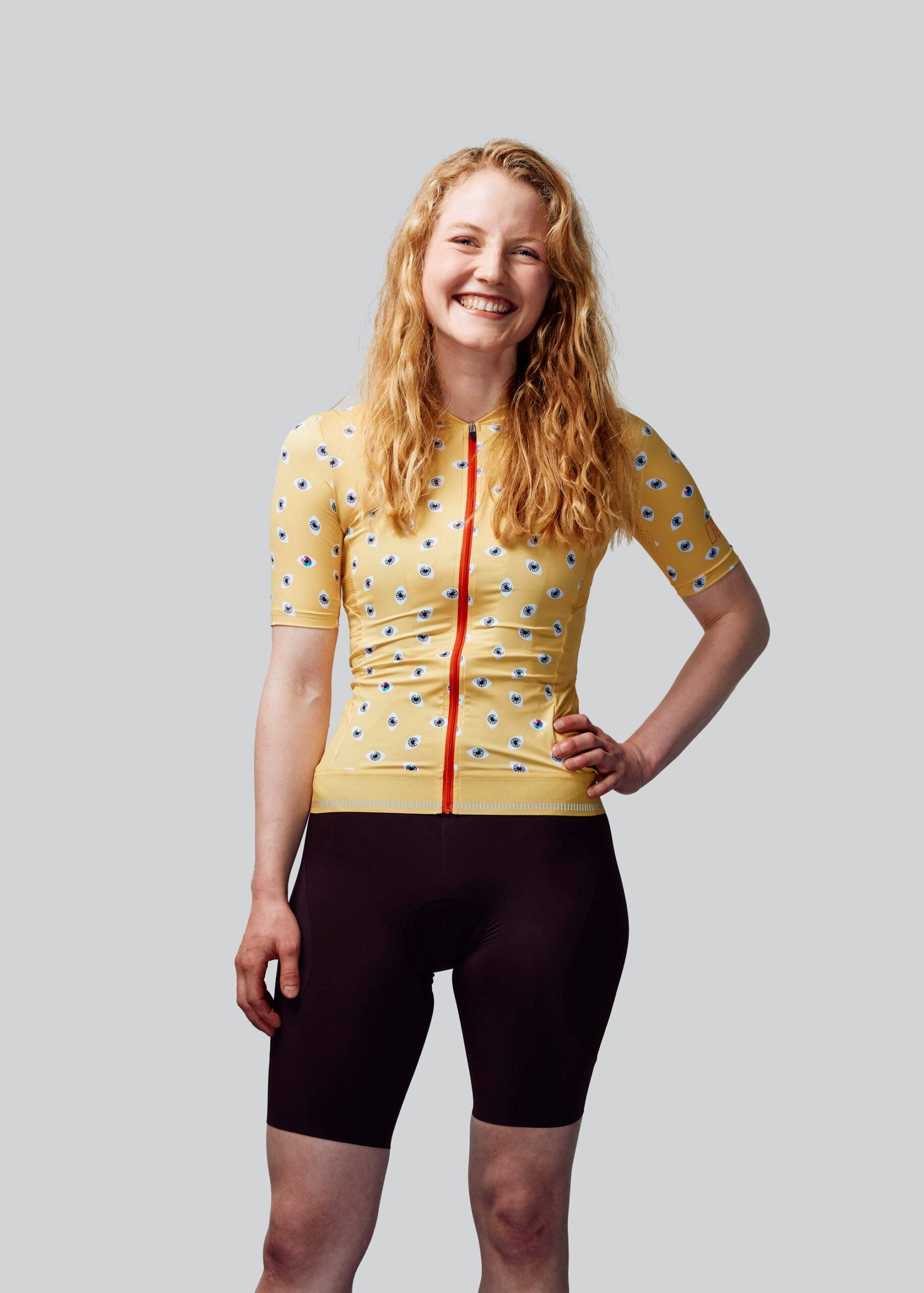 Charlotte wears a size XS jersey and S bib short