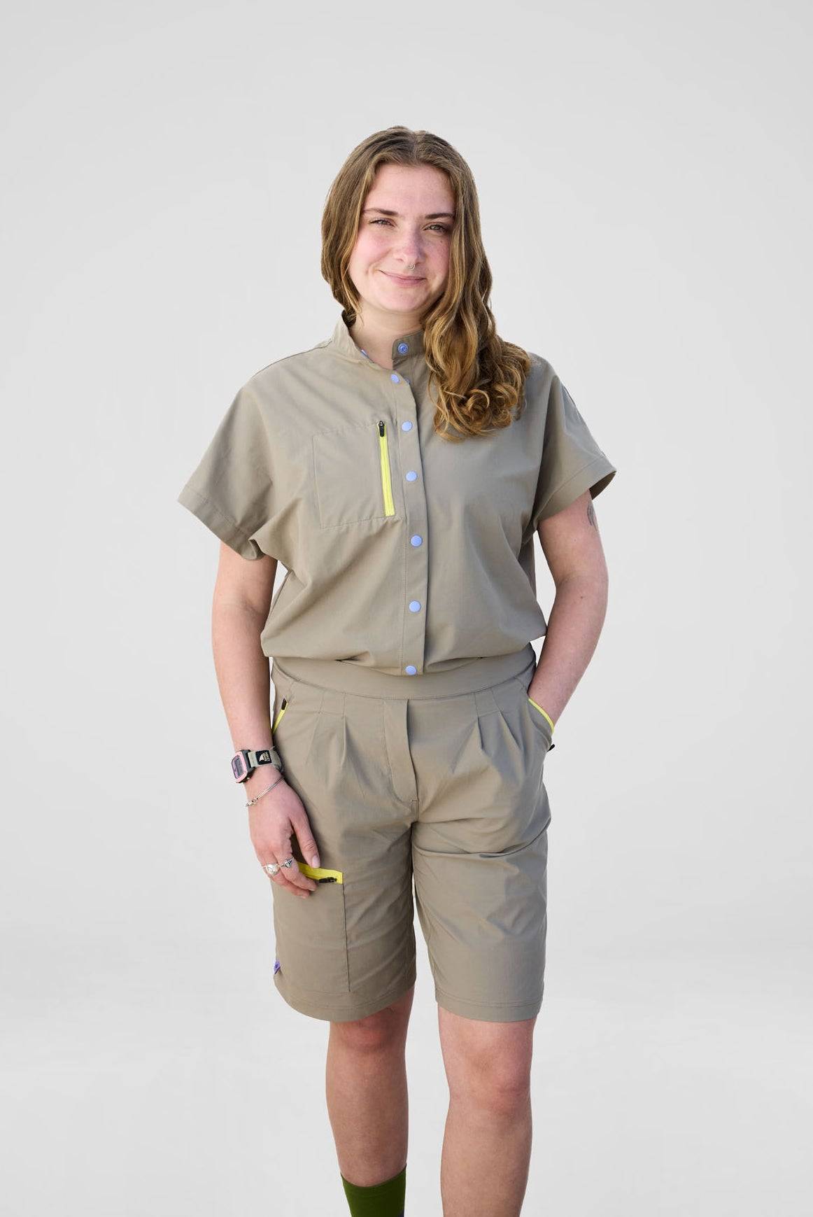 Model is wearing a size M short and blouse